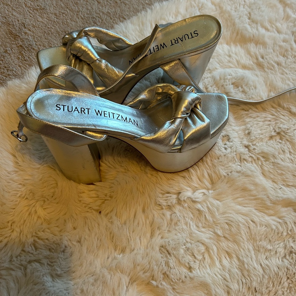 NEW Stuart Weitzman Metallic Silver Platform Sandals